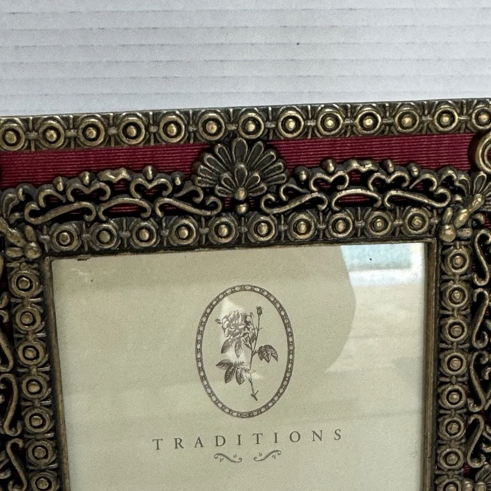Ornate Antique Brass Color Metal Photo Frame Red Burgundy Trim Weston Gallery